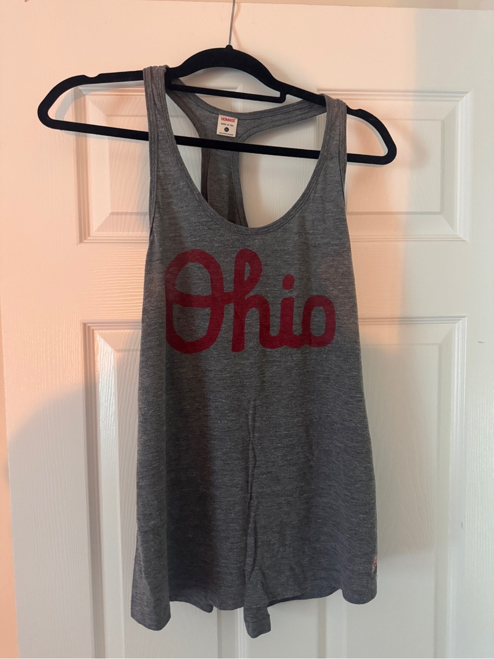 Homage Ohio State Script Gray Tank Top with Red Print